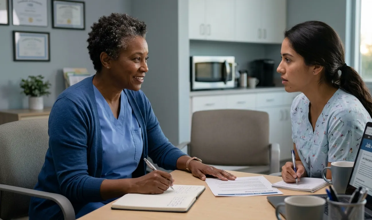 Experienced nurse helping a newer nurse prepare for a job interview