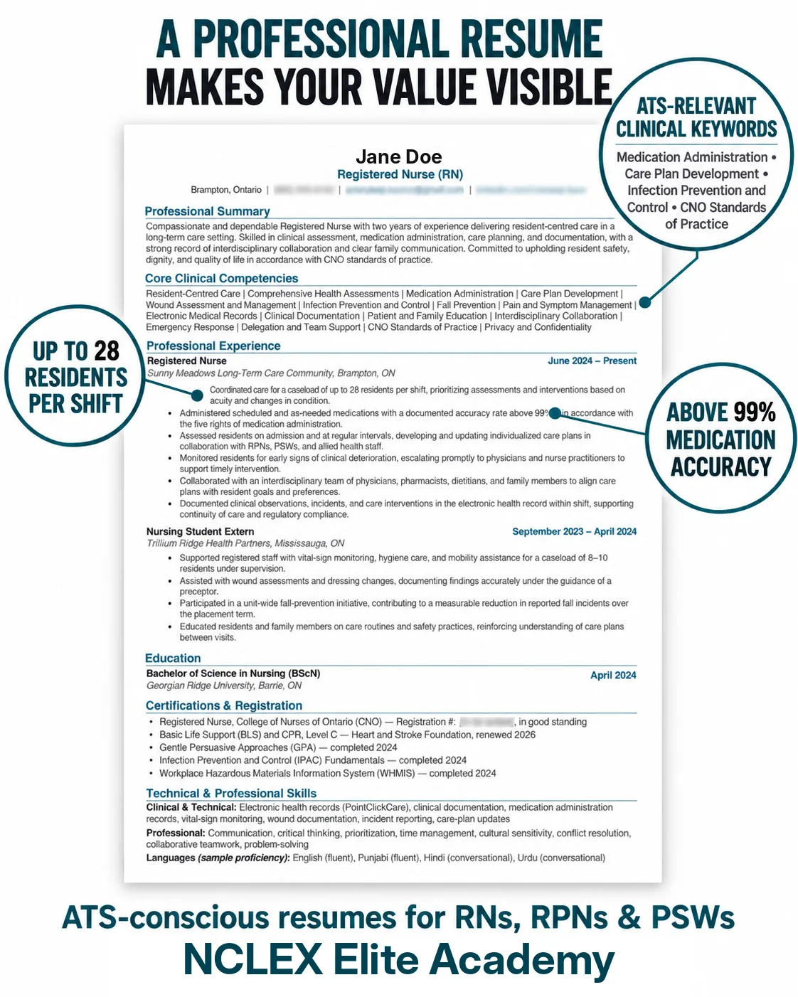 Sample registered nurse resume with clinical keywords highlighted