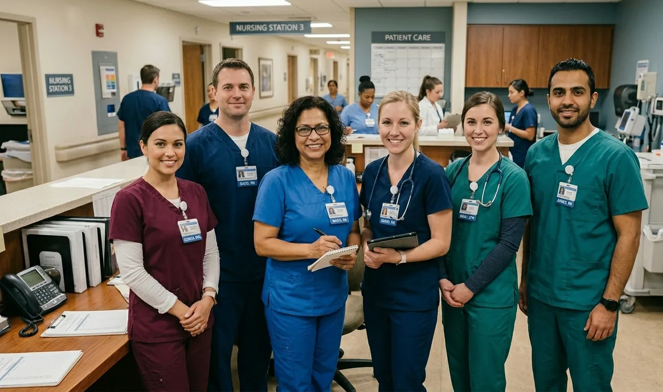 Team of registered nurses at a hospital nursing station